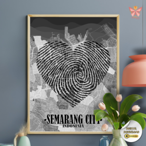 Heart of Semarang artwork featuring a black fingerprint heart city map design in a flat modern style, printable wall art in multiple size ratios.