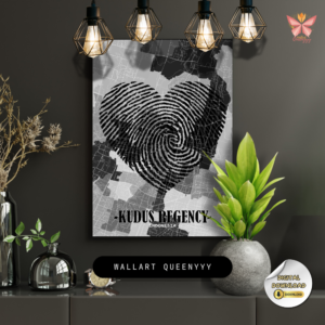 Kudus Identity Heart artwork featuring a black fingerprint territorial map design in a flat modern style, printable regional wall art in multiple size ratios.