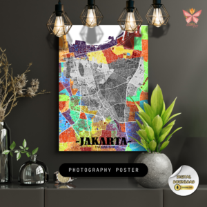 Jakarta District Map Wall Art featuring a 3D layered city map design with color-coded districts, modern urban cartography, premium printable wall decor in multiple size ratios for contemporary interiors.