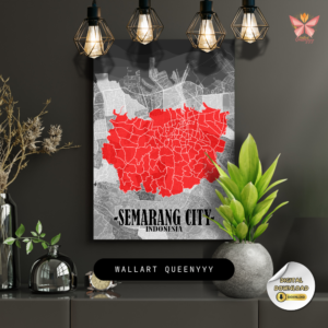 Semarang City Map Art Print featuring a monochrome urban layout with a red city core highlight in a flat modern design, printable wall art in multiple size ratios.