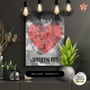 Semarang in My Heart artwork featuring a red fingerprint heart city map design in a flat modern style, printable wall art in multiple size ratios.
