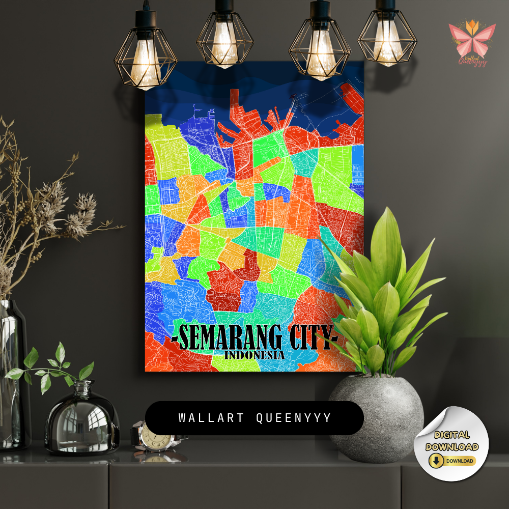 Semarang City Spectrum artwork featuring a contemporary colorful urban map layout in a flat modern design, printable city wall art in multiple size ratios.