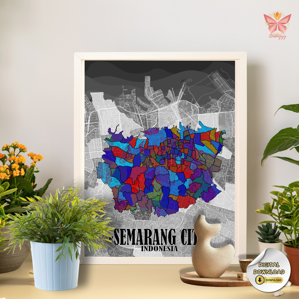 Semarang Urban Mosaic artwork featuring a colorful city map layout in a flat modern design, printable urban wall art in multiple size ratios.