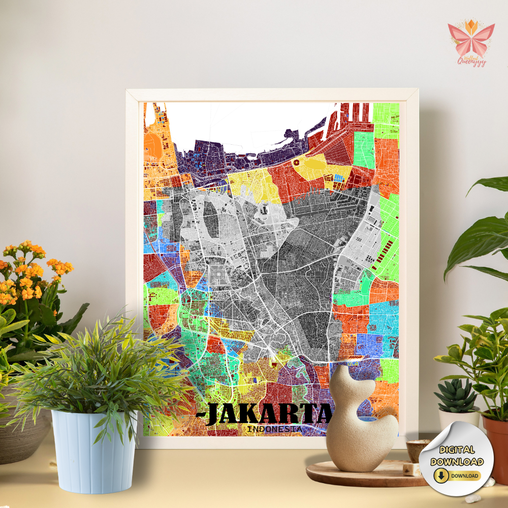 Jakarta District Map Wall Art featuring a 3D layered city map design with color-coded districts, modern urban cartography, premium printable wall decor in multiple size ratios for contemporary interiors.