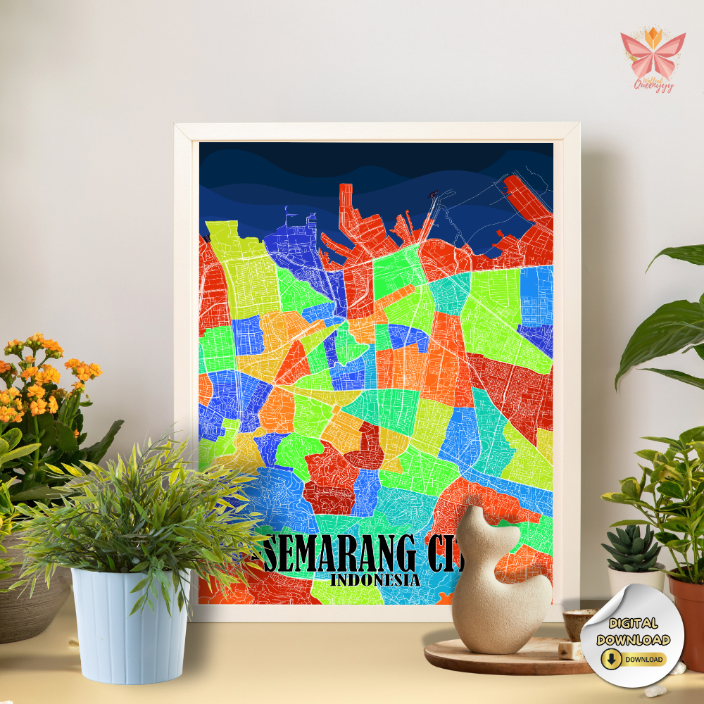 Semarang City Spectrum artwork featuring a contemporary colorful urban map layout in a flat modern design, printable city wall art in multiple size ratios.