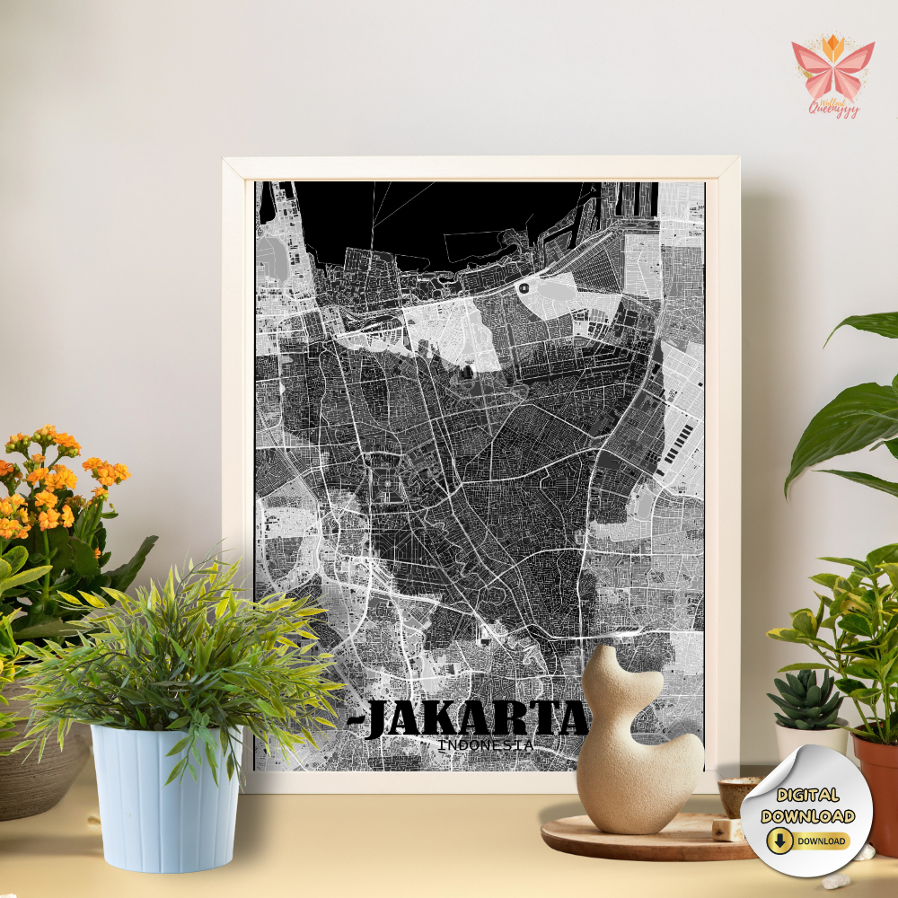 Jakarta City Layout Print featuring a minimal black and white flat city map design, modern urban cartography, printable city map wall art in multiple size ratios.