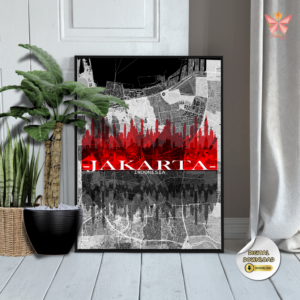 Jakarta Skyline Map Art featuring a flat city map with an urban silhouette design, modern printable city wall decor in multiple size ratios.