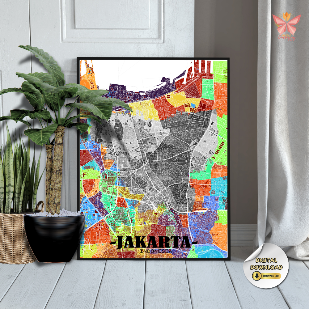 Jakarta District Map Wall Art featuring a 3D layered city map design with color-coded districts, modern urban cartography, premium printable wall decor in multiple size ratios for contemporary interiors.