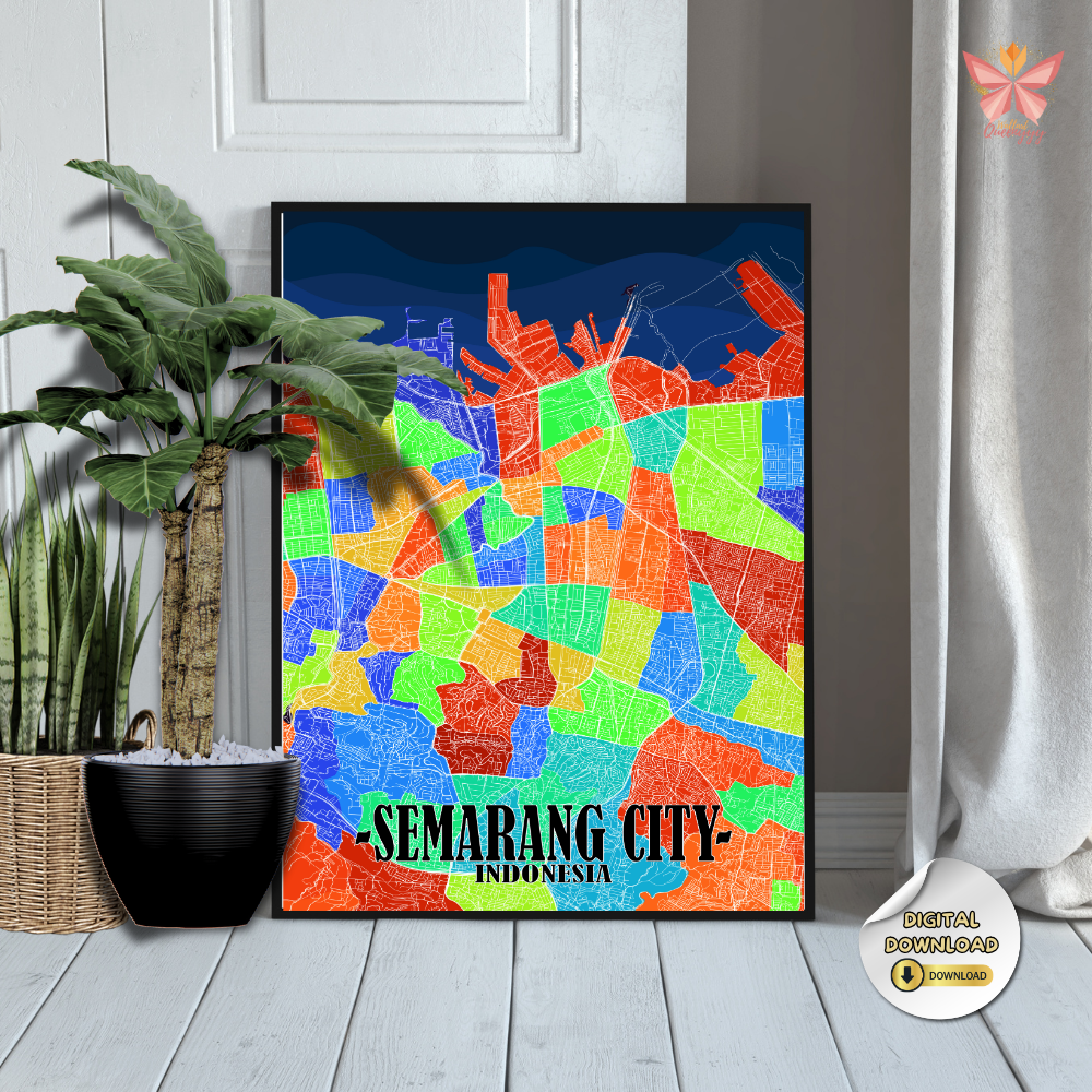 Semarang City Spectrum artwork featuring a contemporary colorful urban map layout in a flat modern design, printable city wall art in multiple size ratios.