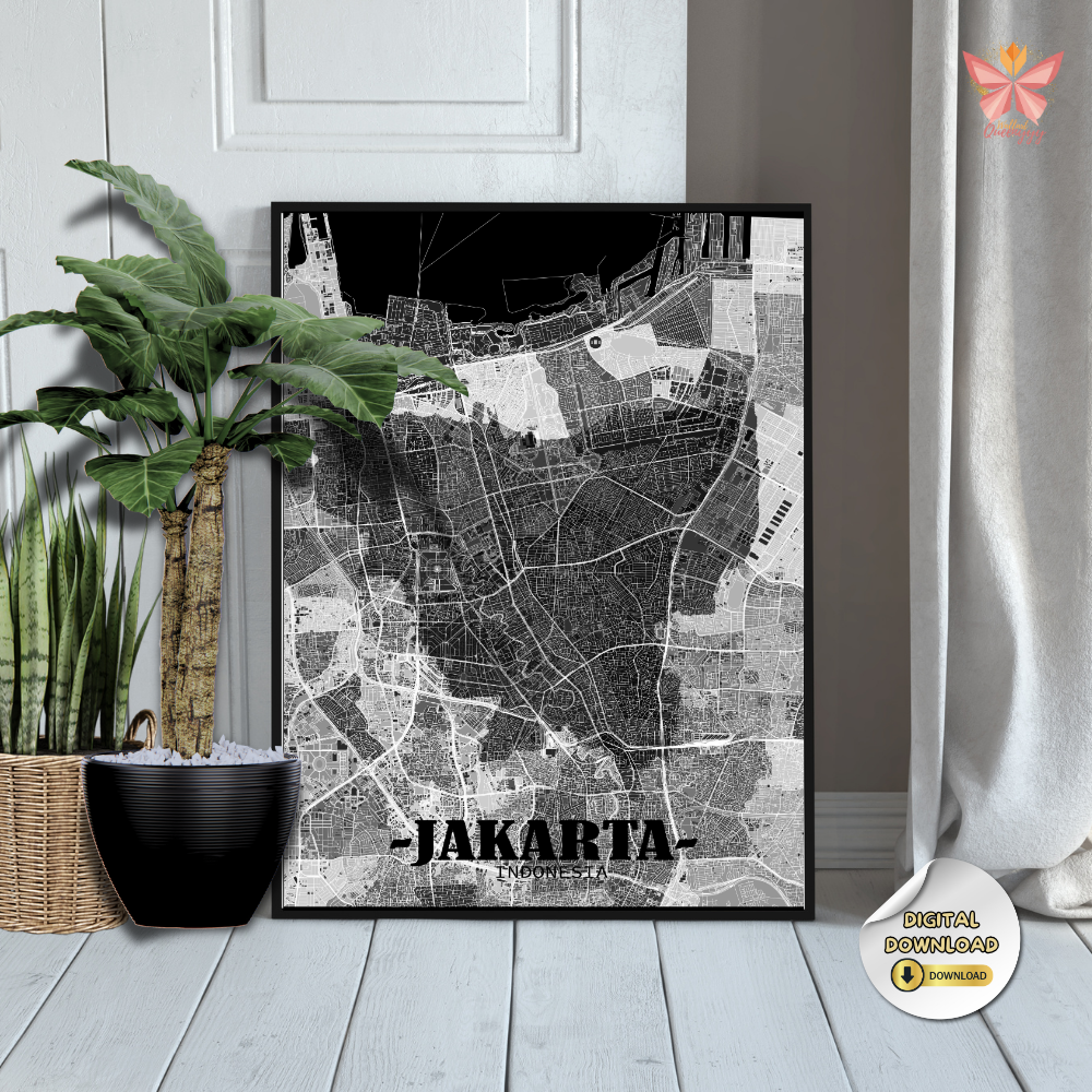 Jakarta City Layout Print featuring a minimal black and white flat city map design, modern urban cartography, printable city map wall art in multiple size ratios.
