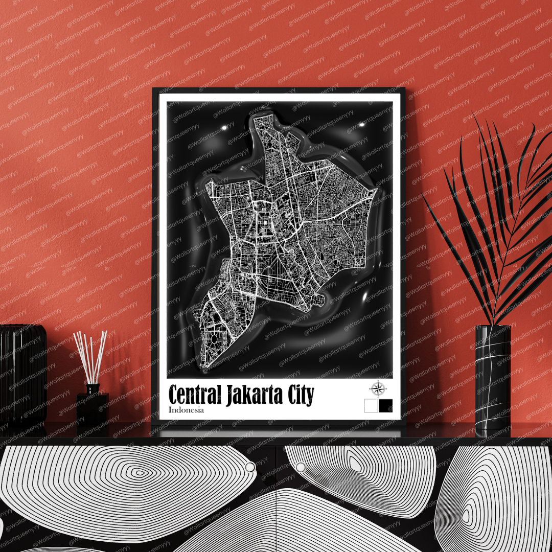 Central Jakarta city map wall art printable in black and white, luxury minimalist urban map artwork, high-resolution digital city map for modern interior decor