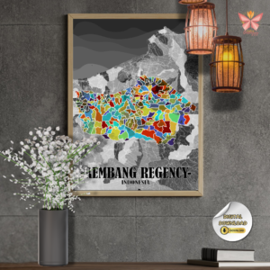 Rembang Mosaic Edition detailed boundary map print featuring district segmentation in a flat modern territorial design, printable regional wall art in multiple size ratios.