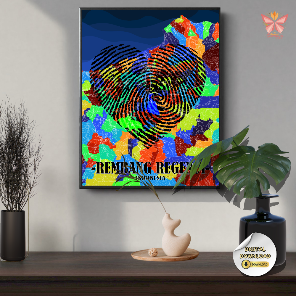 Rembang Identity Fusion color fingerprint map artwork featuring a vibrant fingerprint pattern integrated with a flat territorial map outline, printable regional wall art in multiple size ratios.