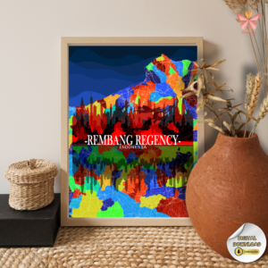 Rembang Skyline Reflection contemporary city map art featuring an urban skyline silhouette with mirrored reflection integrated into a flat territorial map layout, printable wall art in multiple size ratios.