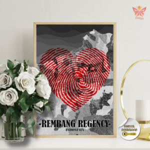 Rembang Love Mark red fingerprint city print featuring a heart-shaped fingerprint design integrated with a flat territorial map outline, printable regional wall art in multiple size ratios.