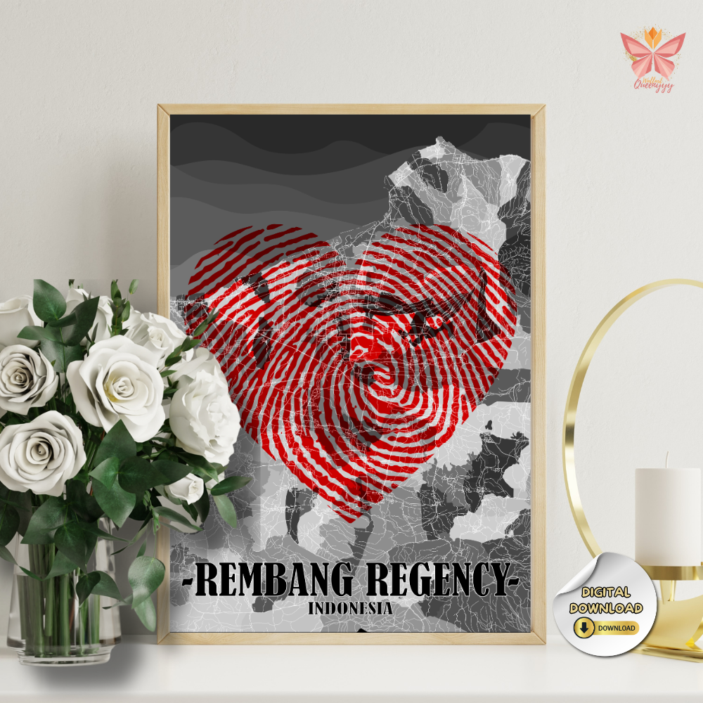 Rembang Love Mark red fingerprint city print featuring a heart-shaped fingerprint design integrated with a flat territorial map outline, printable regional wall art in multiple size ratios.