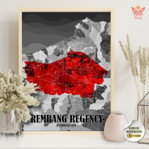 Rembang Regency Bold Territory modern red map print featuring a flat territorial boundary design in a contemporary style, printable regional wall art in multiple size ratios.