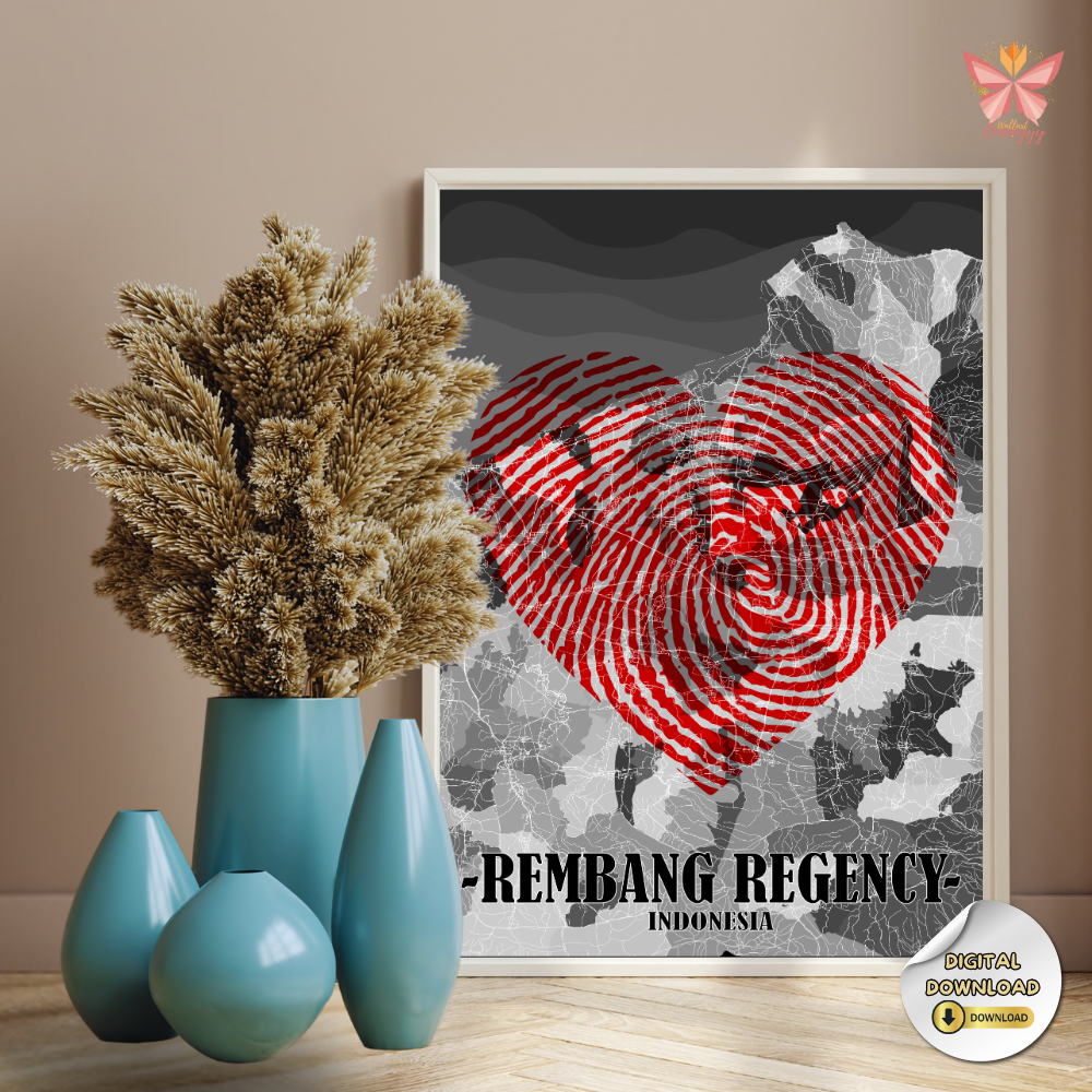 Rembang Love Mark red fingerprint city print featuring a heart-shaped fingerprint design integrated with a flat territorial map outline, printable regional wall art in multiple size ratios.