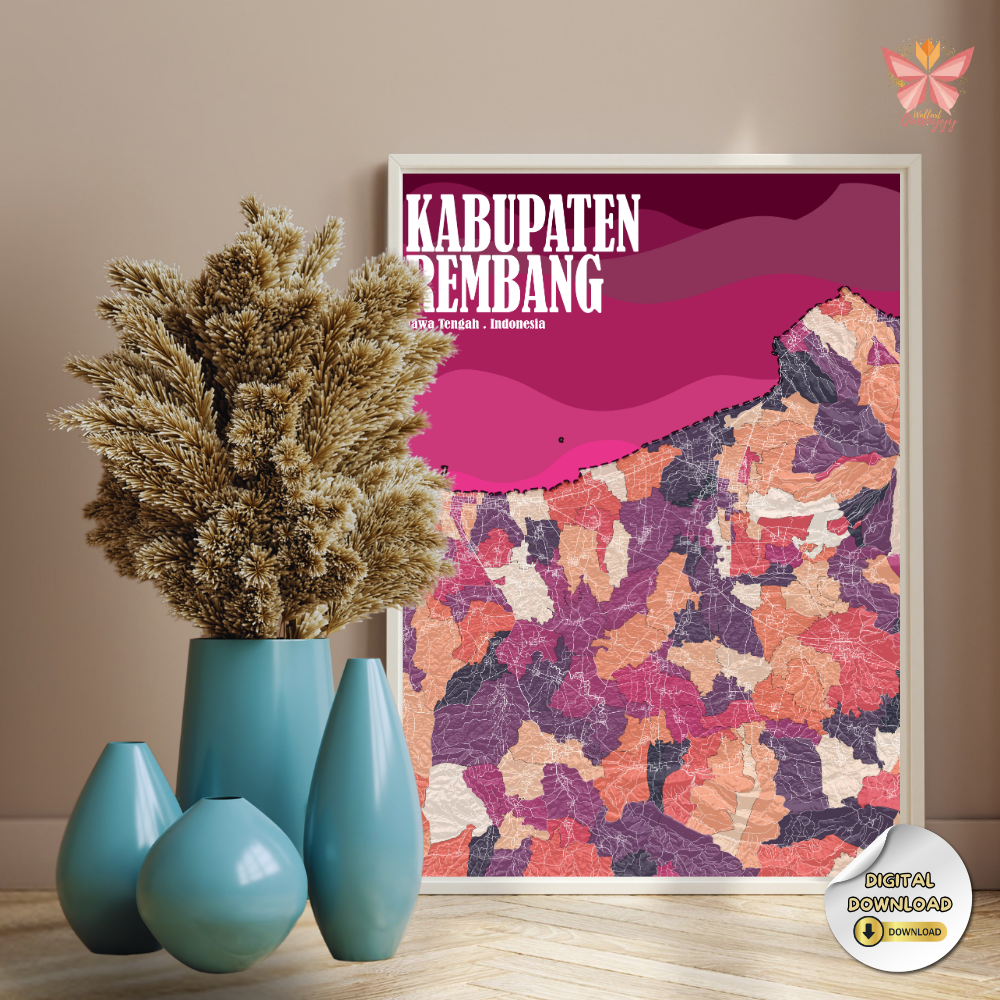 Rembang Regency Blush Mosaic colorful village boundary map wall art featuring detailed village-level administrative boundaries in a blush mosaic cartographic design, printable regional map artwork in multiple size ratios.