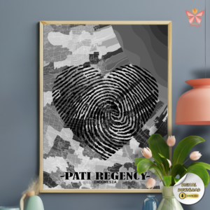 Pati Identity Heart map artwork featuring a black fingerprint heart territorial design in a flat modern style, printable regional wall art in multiple size ratios.