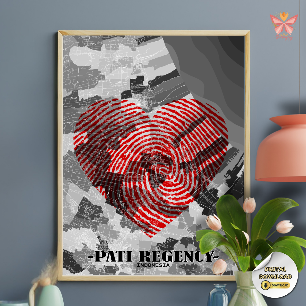 Pati Love Mark red fingerprint city print featuring a heart-shaped territorial design in a flat modern style, printable regional wall art in multiple size ratios.