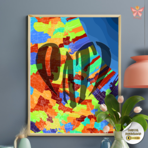 Pati Color Heart expressive regional map art featuring a vibrant heart-shaped territorial design in a flat modern style, printable wall art in multiple size ratios.