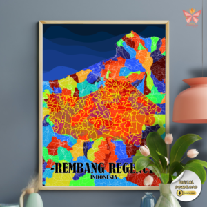 Rembang Urban Core vibrant district map artwork featuring colorful territorial zoning in a flat modern design, printable regional wall art in multiple size ratios.