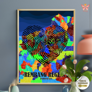 Rembang Identity Fusion color fingerprint map artwork featuring a vibrant fingerprint pattern integrated with a flat territorial map outline, printable regional wall art in multiple size ratios.