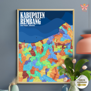 Rembang Regency Village Mosaic colorful village boundary map wall art featuring detailed village-level boundaries in a vibrant mosaic cartographic design, printable regional map artwork in multiple size ratios.