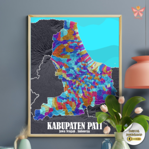 Pati Regency Village Mosaic colorful village boundary map wall art featuring detailed village-level administrative boundaries in a vibrant mosaic cartographic design, printable regional map artwork in multiple size ratios.