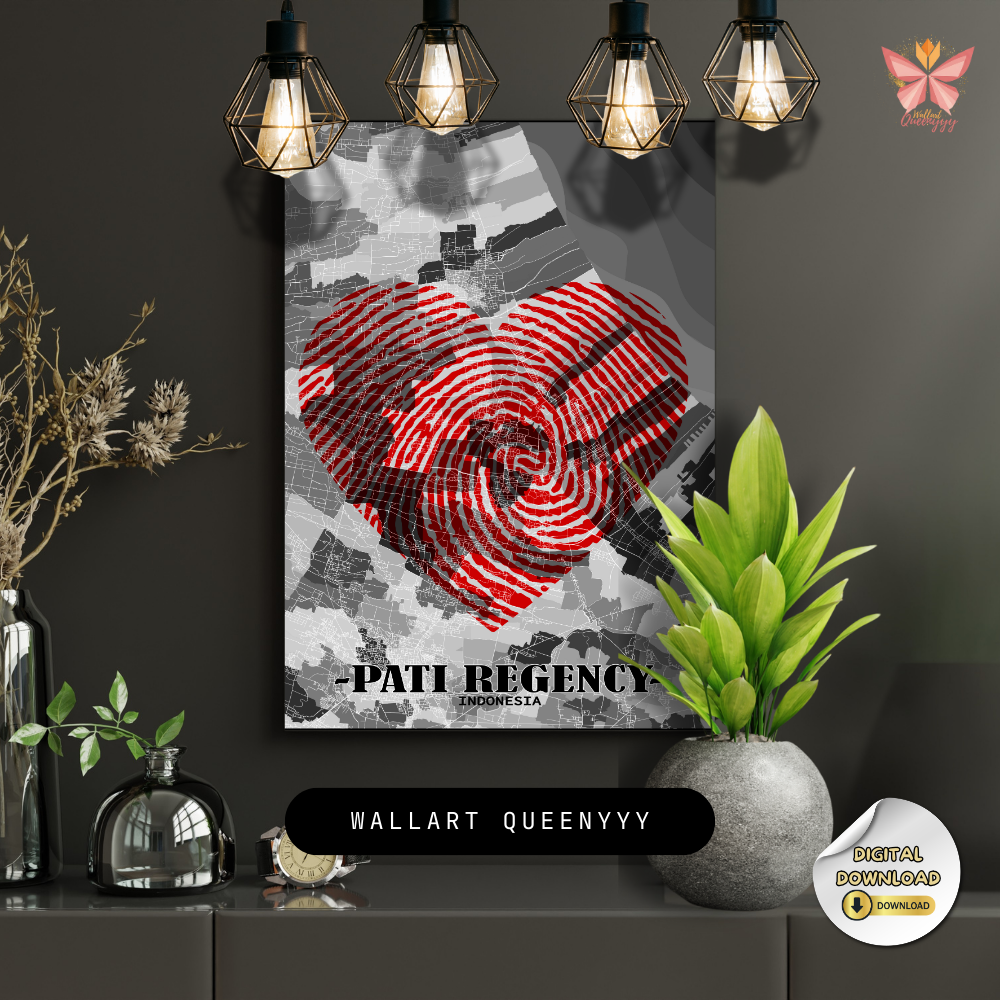 Pati Love Mark red fingerprint city print featuring a heart-shaped territorial design in a flat modern style, printable regional wall art in multiple size ratios.