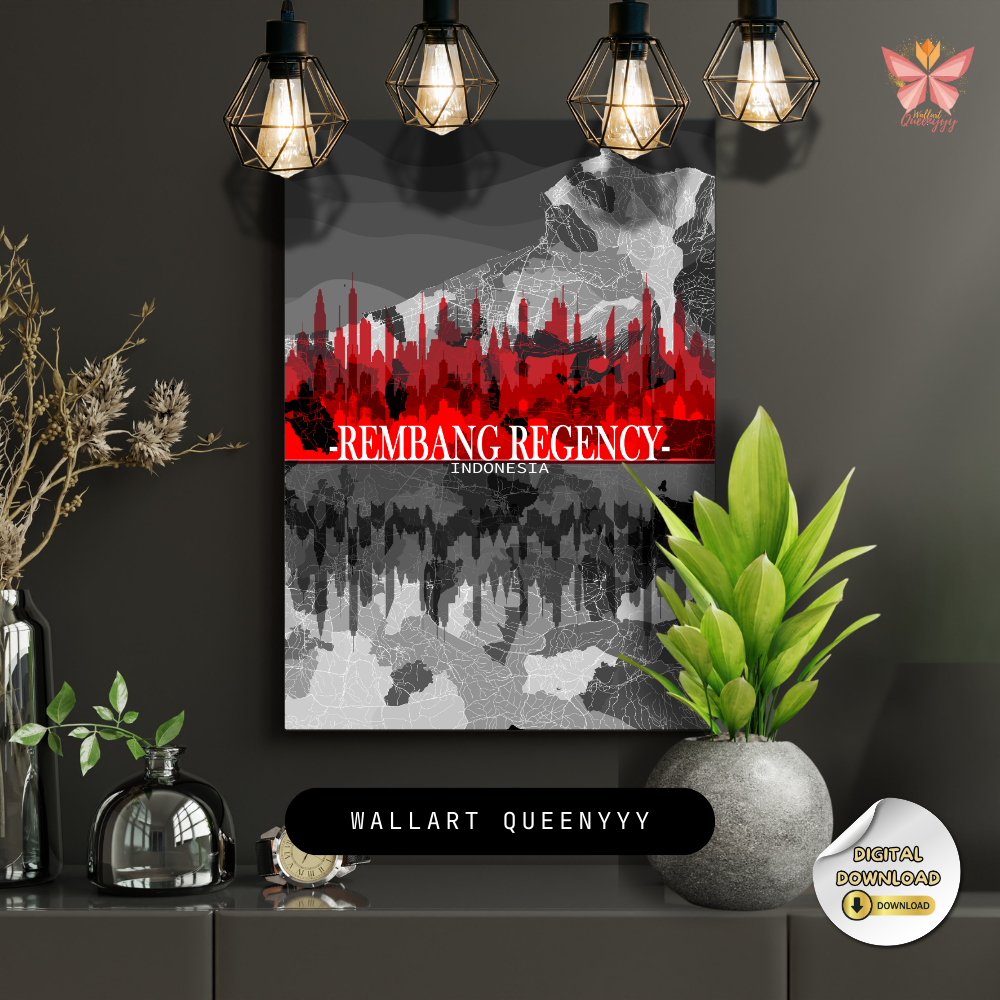 Rembang Skyline Impact bold silhouette city print featuring an urban skyline integrated with a flat territorial map layout, printable regional wall art in multiple size ratios.