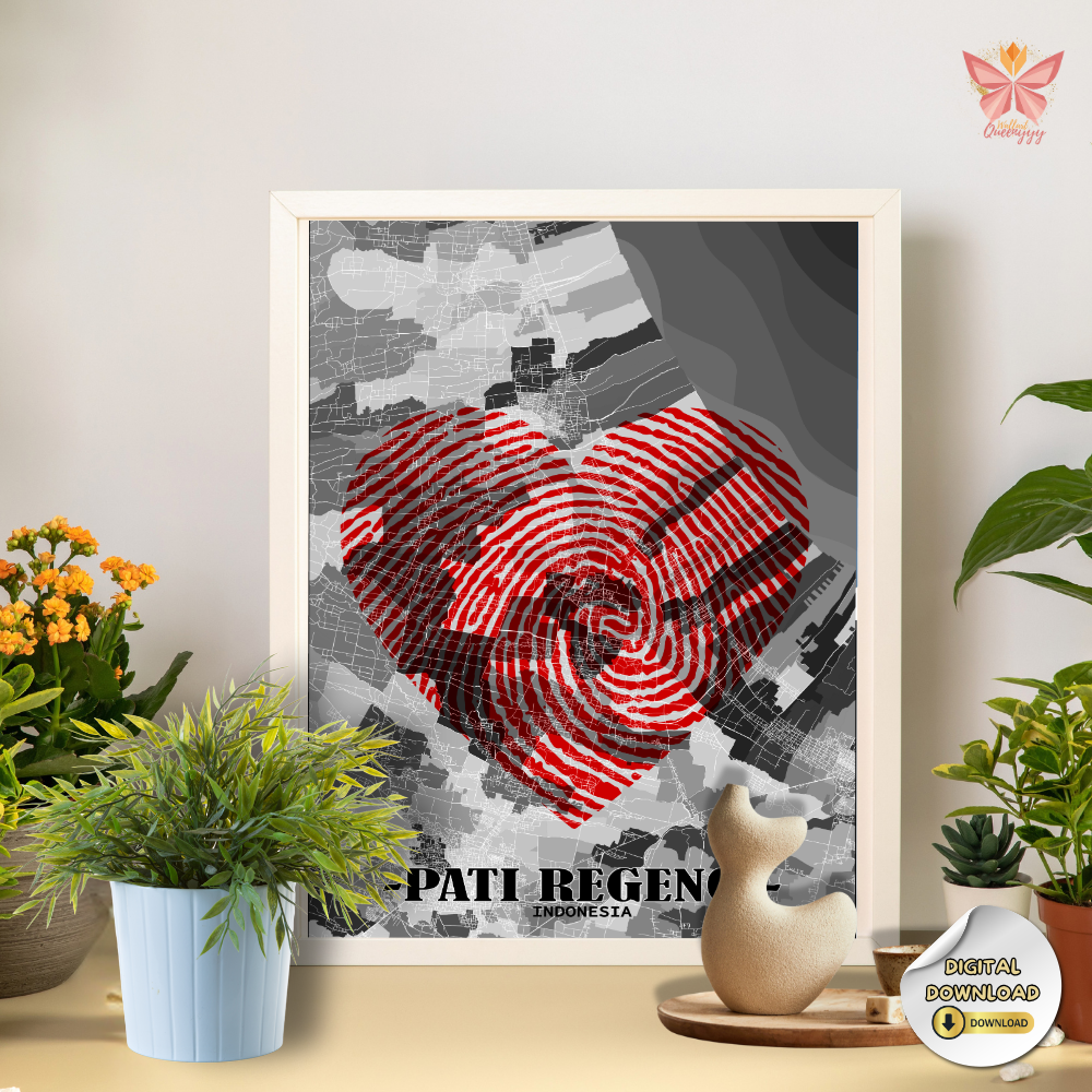Pati Love Mark red fingerprint city print featuring a heart-shaped territorial design in a flat modern style, printable regional wall art in multiple size ratios.