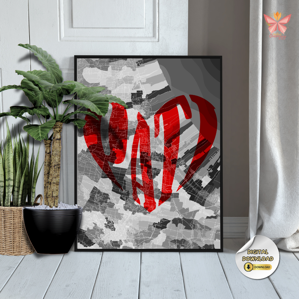 Pati Heart Signature bold love city design featuring a heart-shaped territorial map in a flat modern style, printable regional wall art in multiple size ratios.