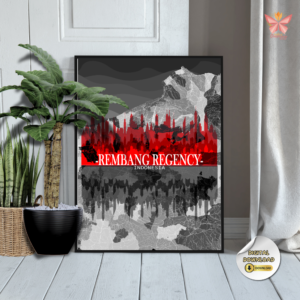 Rembang Skyline Impact bold silhouette city print featuring an urban skyline integrated with a flat territorial map layout, printable regional wall art in multiple size ratios.