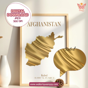 Afghanistan Map Wall Art Printable featuring a luxurious gold country silhouette in a minimalist modern design for home, office, and gallery wall decor.