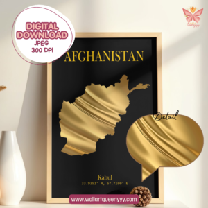 Afghanistan Map Wall Art Printable featuring a luxurious gold country silhouette on a black background. Minimalist digital download for modern home and office wall decor.